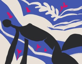 Woman Silhouette black body on blue and white background. Expressionism and Matisse painting style with plant and flower. art for print and poster