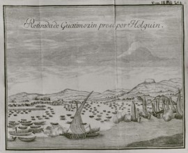 Engraving depicting the capture by the Spaniards of Guatimocín (1496-1525), the last emperor of the Aztecs, as he attempted to flee Tenochtitlán in a canoe on 13 August 1521. He was overtaken by a Spa...