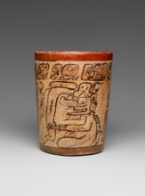 Cylindrical Vessel 7th–8th century Maya This cylindrical vessel framed by red bands contains a hieroglyphic text around its rim and shows two seated gods. It is painted in the ‘codex-style’, and the a...