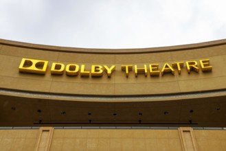 Sign of the Dolby Theatre on Hollywood Blvd. in Los Angeles, California