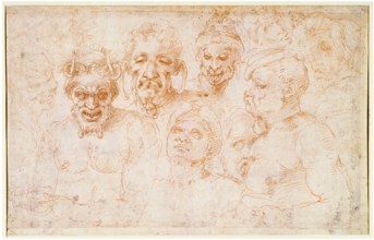 Michelangelo Buonarroti and workshop, Grotesque heads and further studies, drawing in red chalk on ribbed paper, circa 1525