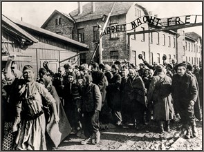 Auschwitz-Birkenau prisoners celebrate their liberation by Russian Soviet Army troops 26th January 1945, behind them the infamous Nazi extermination & concentration camp entrance sign “ARBEIT MACHT FR...