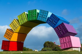 Containbow - a rainbow arch shipping container sculpture installation by Marcus Canning.