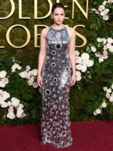 BEVERLY HILLS, LOS ANGELES, CALIFORNIA, USA - JANUARY 05: Felicity Jones wearing Prada with Chopard jewelry arrives at the 82nd Annual Golden Globe Awards held at The Beverly Hilton Hotel on January 5...