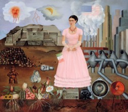 Frida Kahlo. Painting entitled "Self-portrait on the Borderline between Mexico and the United States" by the Mexican artist, Frida Kahlo de Rivera (1907-1954), 1932