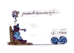 Cuauhtemoc. Illustration of the last Aztec emperor, Cuauhtémoc (c. 1497-1525), also known as Cuauhtemotzín, Guatimozín, or Guatémoc. Taken from the Aubin Codex, 1576