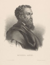 Portrait of Michelangelo, Michel-Ange (title on object), print maker: Jean Adolphe Papin, printer: Alexandre Louis Artus, publisher: Décrouan, Paris, 1837 - 1857, paper, height 541 mm × width 362 mm, ...