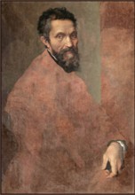 MICHELANGELO portrait oil on wood (unfinished) by artist Daniele da Volterra (Daniele Ricciarelli) (Italian, Volterra 1509-1566 Rome) Michelangelo Buonarroti (1475-1564), probably ca. 1544 Oil on wood...