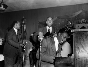 Jazz being played! Portrait of Wesley Prince, Oscar Moore, and Nat King Cole, Zanzibar, Live on stage - New York, N.Y., ca. July 1946 - photo by Gottlieb