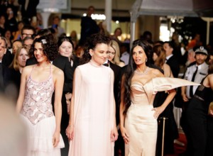 Margaret Qualley, Coralie Fargeat and Demi Moore on the red carpet of the 77th Cannes Film Festival 2024 for the premiere of The Substance.