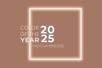 Pantone 2025 Color of the Year Mocha Mousse, a warm nougaty brown tone. The design incorporates a minimalistic frame with soft, rich brown hues