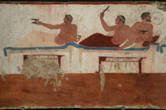 Ancient symposium. Fresco from the Tomb of the Diver in the Archaeological museum in Paestum, Italy.