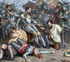 The battle of Pavia. Francis I of France was taken prisoner after his defeat. Colored engraving.