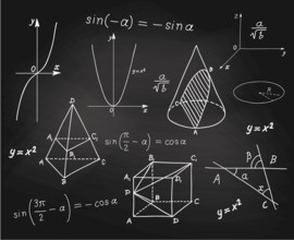 Mathematics - geometric shapes and expressions sketches on school board