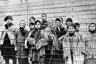 AUSCHWITZ CONCENTRATION CAMP  Still from Soviet Army film of women and children still in shock after the  Red Army liberation in January 1945