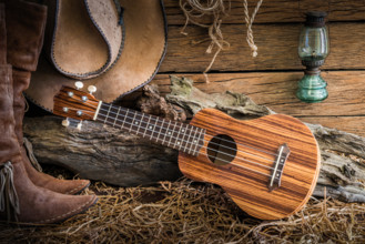 Still life painting photography with ukulele on american west rodeo brown felt cowboy hat and traditional leather boots in vintage ranch barn backgrou