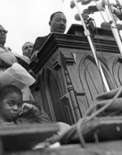 Dr. Martin Luther King, Jr. (1929 - 1968) speaking outside the State Capitol in Montgomery, Alabama on March 25, 1965 at the end of the Selma to Montgomery march.