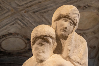 Sforza Castle, museum, Milan: details of The Rondanini Pietà, sculpture that Michelangelo Buonarroti worked on from 1552 until his death in 1564