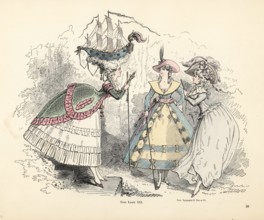 Women’s fashions in the era of King Louis XVI of France, 1774-1792. She wears a redingote and short hooped skirt, while her pouf headdress includes a French battleship like the one worn by Marie Antoi...