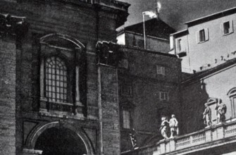 Black and white photograph of white smoke coming out of the chimney indicating that a new pope had been elected.
