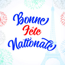 Bonne fete nationale French lettering text, translated Happy National Day. Celebrate Bastille Day, banner for France holiday with Eiffel tower