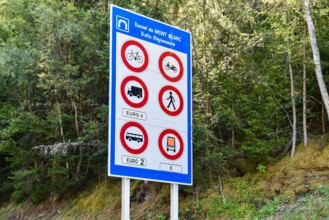 Road sign indicating the traffic regulation of the Mont Blanc Tunnel, Chamonix, Haute Savoie, France