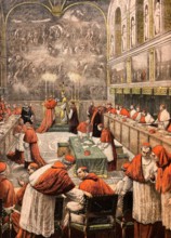 Papal conclave meeting after Leo XIII's death Conclave of cardinals meeting to elect the new pope after the death of Leo XIII, engraving from Le Petit Journal, August 1903.
