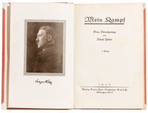 First edition of the book Mein Kampf from 1925 - a historically significant, ideologically influenced work with controversial content for the 100th an