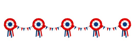 web banner, frieze with cockades and tricolor pennants for July 14, France's national holiday - 3D rendering
