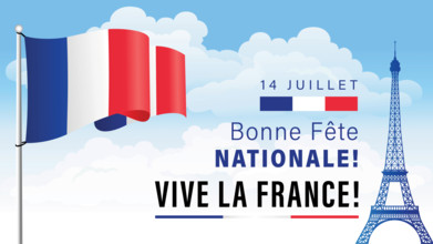 14 Juillet, Bonne Fete Nationale - Vive la France holiday poster. Translation - July 14, Happy National Day - Long Live France. Vector banner