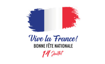 Bonne Fete Nationale, 14 juillet, Vive la France banner with grunge flag. Translation - Happy National Day, July 14, Long Live France. Vector banner