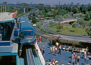Monorail train at station, Disneyland, California, USA, 1960