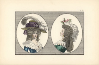 Woman in English-ingenue headdress with feathers, and woman with hedgehog hairstyle and lazy-woman bonnet.