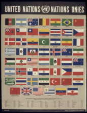 This World War II propaganda poster promotes the unity of Allied nations, represented by flags. It underscores the collective strength and determination of the countries fighting the Axis powers, prom...