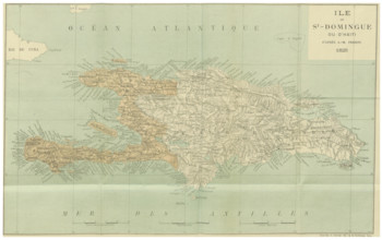 This 1825 illustration offers a view of the island of Saint-Domingue (now Haiti), depicting its landscapes, colonial settlements, and the geography of the Caribbean during the early 19th century.