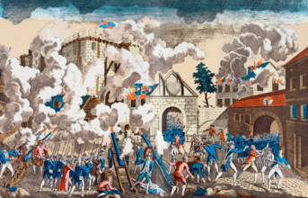 The Storming of the Bastille, Paris, France, 14 July 1789,  portrayed here as being stormed by the military.  After a contemporary work.