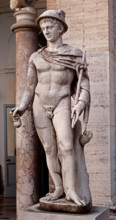 Hermes Ingenui  Hermes wears his usual attributes: kerykeion (or herald's staff), kithara, petasus (round hat), traveller's cloak and winged temples. Marble, Roman copy of the 2nd century BC after a G...