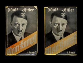 Volume 1 and 2 of the German book Mein Kampf / My Struggle, autobiographical manifesto by Nazi leader Adolf Hitler