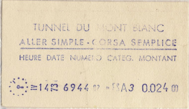 Ticket for the Mont Blanc Tunnel, issued in 1973. This transport ticket symbolizes the connection between France and Italy through the famous tunnel.