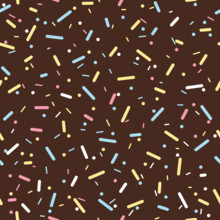 Donut chocolate glaze seamless pattern. Cream texture with topping of colorful sprinkles and beads on brown background. Food bakery decoration. Vector