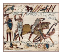 BAYEUX TAPESTRY DEATH Harold Rex Interfectus Est: "King Harold was killed". Scene from the Bayeux Tapestry depicting the Battle of Hastings and the death of King Harold, image of Bayeux tapestry scene...