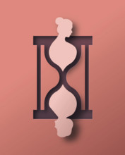 Young girl aging into old woman inside papercut hourglass sand clock. Age time illustration concept in modern 3D paper cut craft style. Senior care or