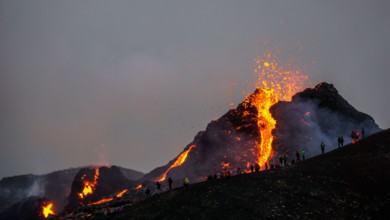 Molten lava flowing from a small volcanic eruption in Mt Fagradalsfjall, near the capital of Reykjavik, Southwest Iceland, in March 2021.