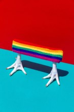 Statuette of chicken feet with multicolored stripes on headband on two color background with shade