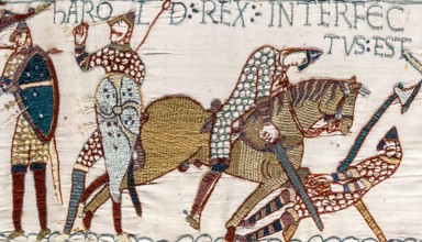 The death of King Harold at the Battle of Hastings, a scene from the Bayeux Tapestry