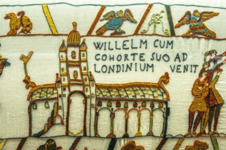 The Bayeux tapestry is an embroidered fabric made in the second half of the 11th century, it tells the conquest of England. Børglum Abbey, Denmark