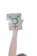 transgender symbol in hands on a cardboard