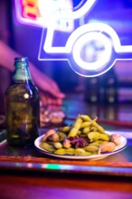 Chinese night market,Chinese beer bottle and boiled soya bean and peanut