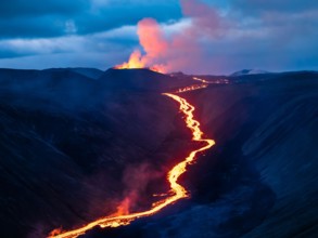 Glowing river of magma from Fagradalsfjall Volcanic eruption at Geldingadalir, Iceland