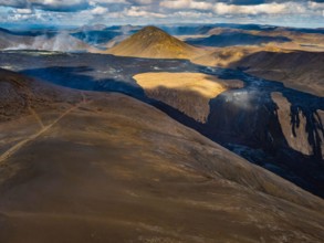 Air photo of lava flows from Fagradalsfjall crater, Volcanic eruption at Geldingadalir, Iceland